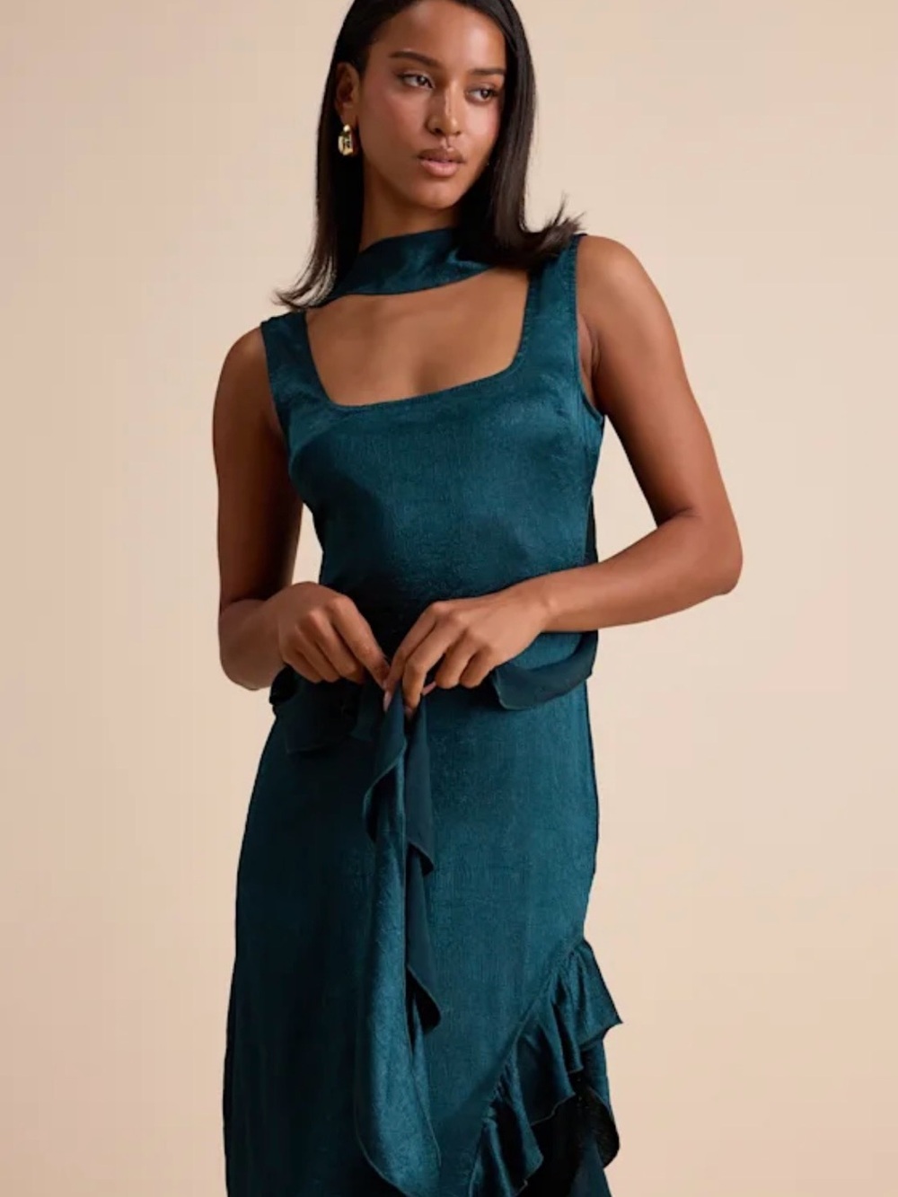Lulu's Teal Ruffle-Trim Maxi Dress with Long Scarf Tie - Picture 4 of 8